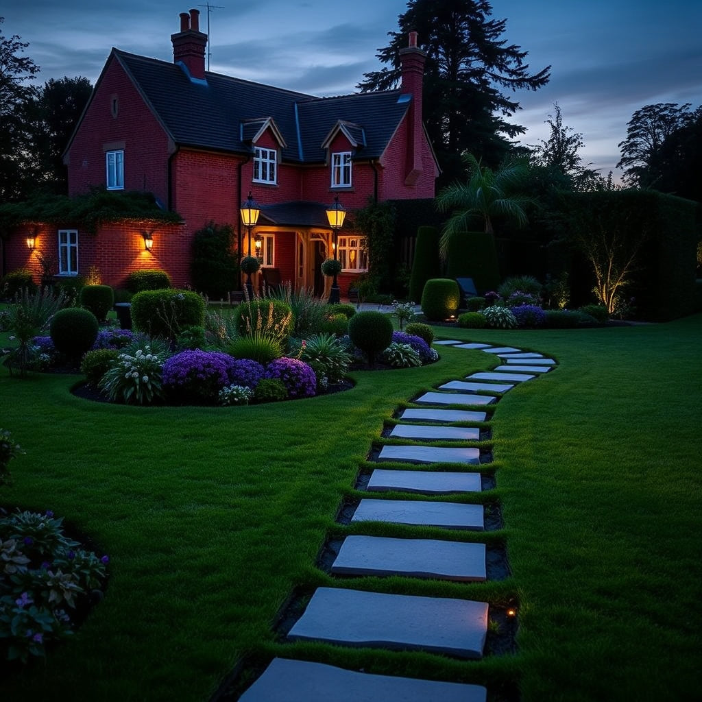 UK garden at dusk with pathway and wall lights