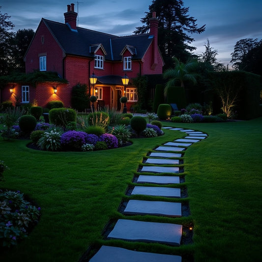 UK garden at dusk with pathway and wall lights