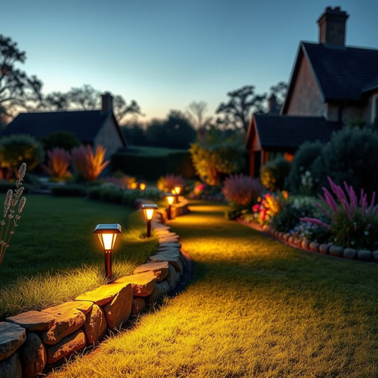 Solar garden lights illuminating a UK patio border at dusk
