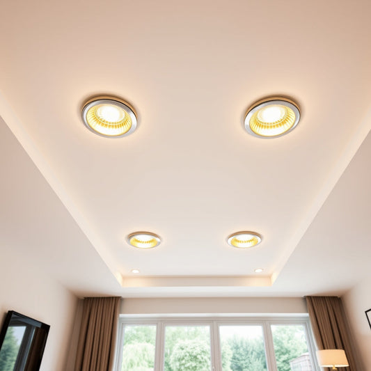 Recessed GU10 downlights in a modern UK living room ceiling