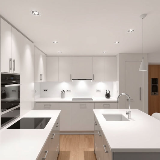 Recessed lighting layout in a modern UK kitchen