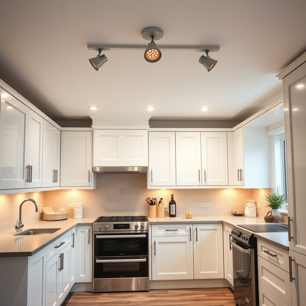 Kitchen spotlights illuminating worktops in a modern UK kitchen