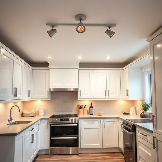 Kitchen spotlights illuminating worktops in a modern UK kitchen