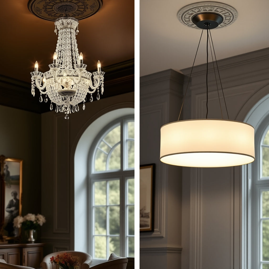 Crystal chandelier versus drum pendant light in UK home interiors