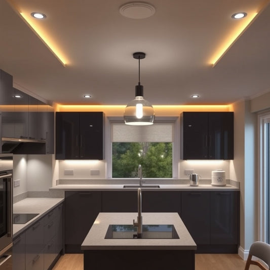Layered kitchen lighting with ambient, task and accent lights in a modern UK kitchen