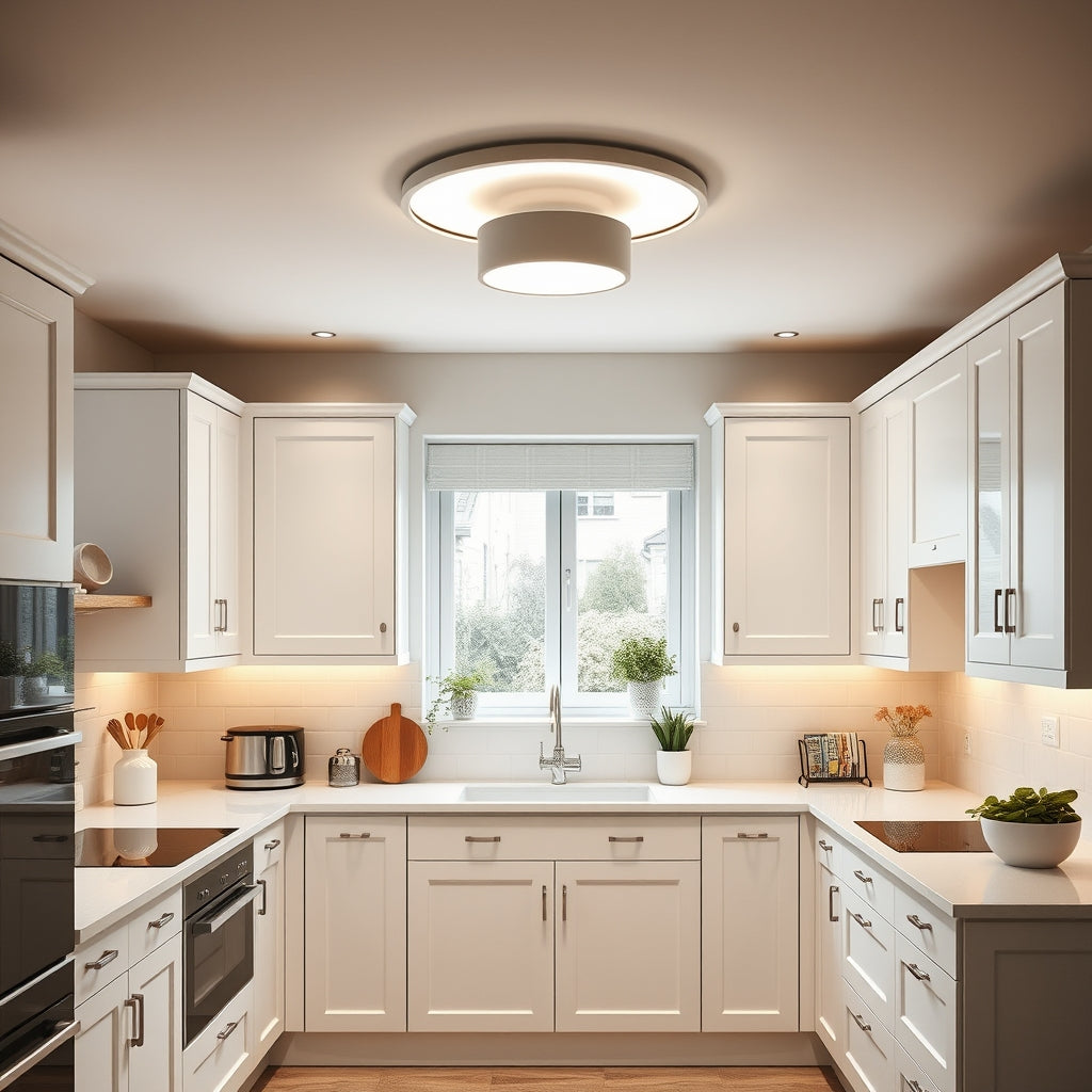 Best kitchen ceiling lights in a modern UK kitchen with white cabinets