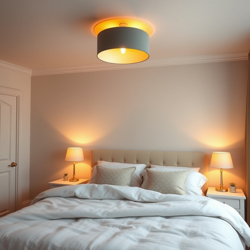 Layered bedroom lighting with ceiling light and bedside lamps in a UK home