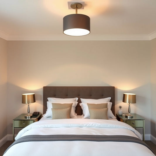 Bedroom ceiling light and bedside lamps combination in a UK home