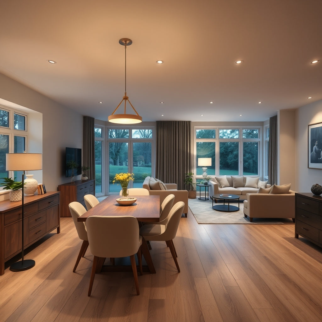 Open plan living and dining room with layered lighting zones in a UK home