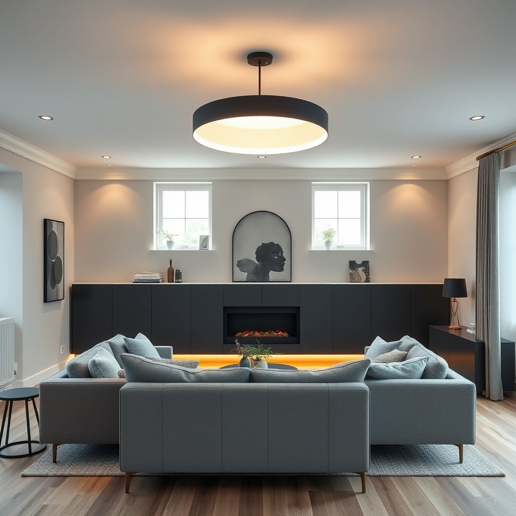 Modern ceiling light as statement piece in a UK living room