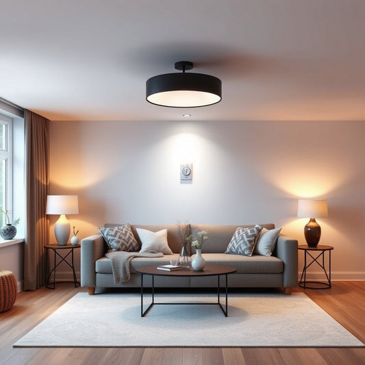 Dimmable LED ceiling light at low setting in a UK living room