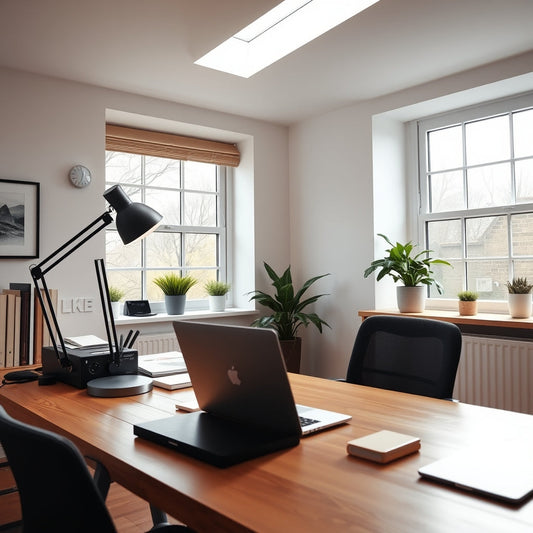 Well-lit UK home office with desk lamp and natural light