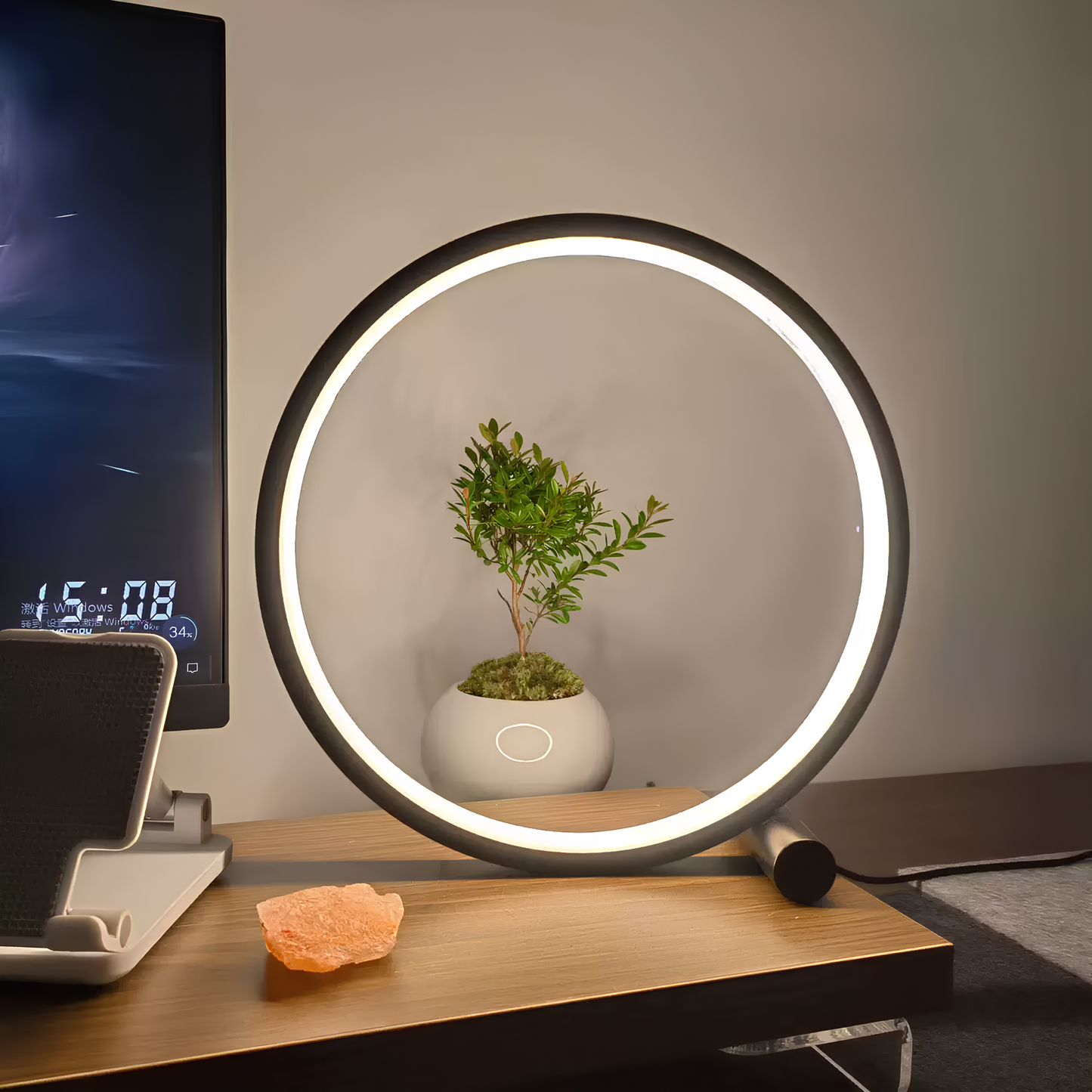 Halo Nightstand Lamp - Dimmable LED Light - Minimalistic Halo Ring Design - Perfect for Bedside or Living Room - 25 cm Diameter - LED Powered