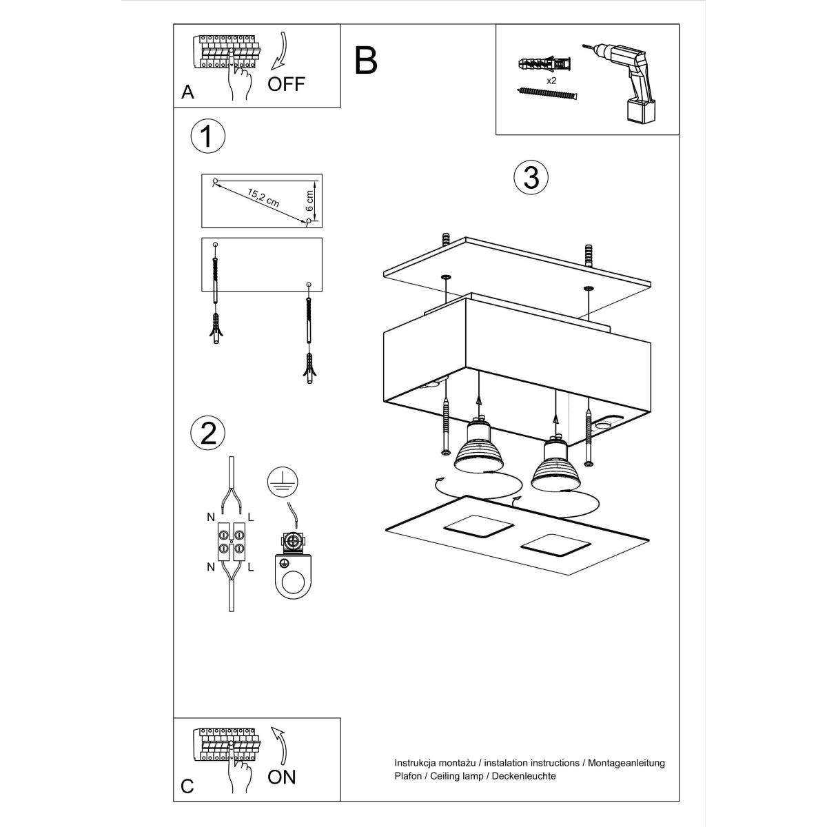 Mono Ceiling Lamp - GU10 Double Light, Steel Design, White/Black, 24x14x11 cm