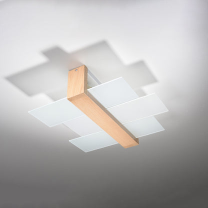 Feniks Modern Ceiling Lamp - E27 - Wood & Glass - Natural Wood - 43x43x12 cm