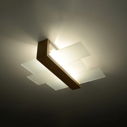 Feniks Modern Ceiling Lamp - E27 - Wood & Glass - Natural Wood - 43x43x12 cm