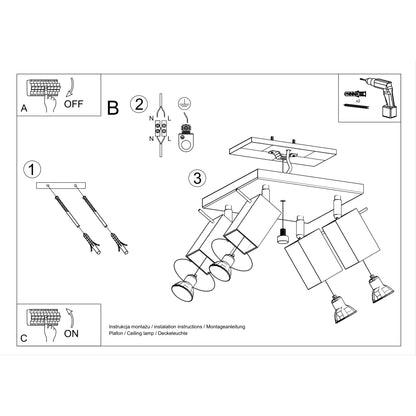 Merida Industrial White Quadruple Spotlight - Adjustable Steel Ceiling Lamp, 25x25x16 cm