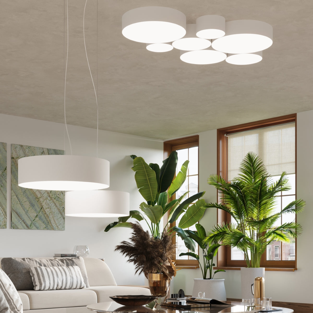 Arena Designer Ceiling Lamp - White - 2xE27 LED - Modern PVC Light Fixture