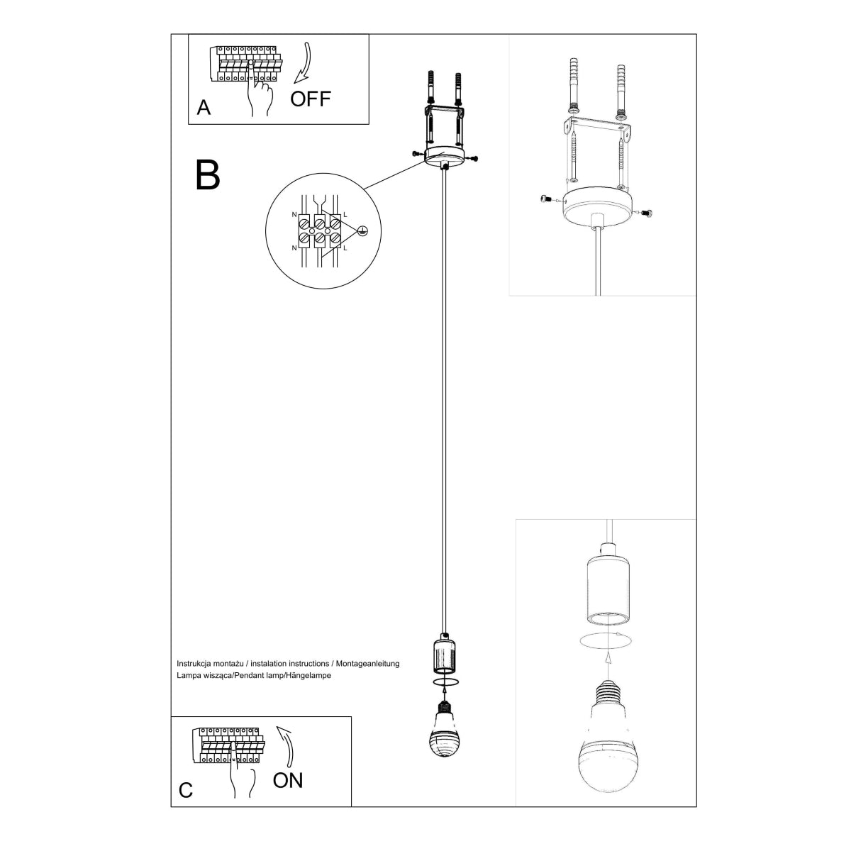 Edison Pendant Lamp - Black Fabric & Steel - E27 Max 15W - Minimalist Design