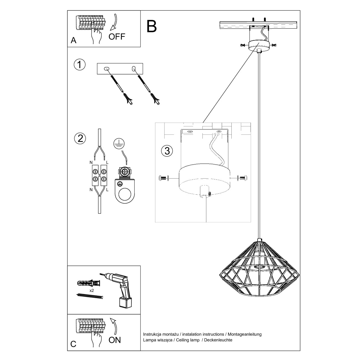 UMBERTO - Pendant Lamp Black - Designer Geometric Pendant Light - Adjustable Height - E27 Compatible