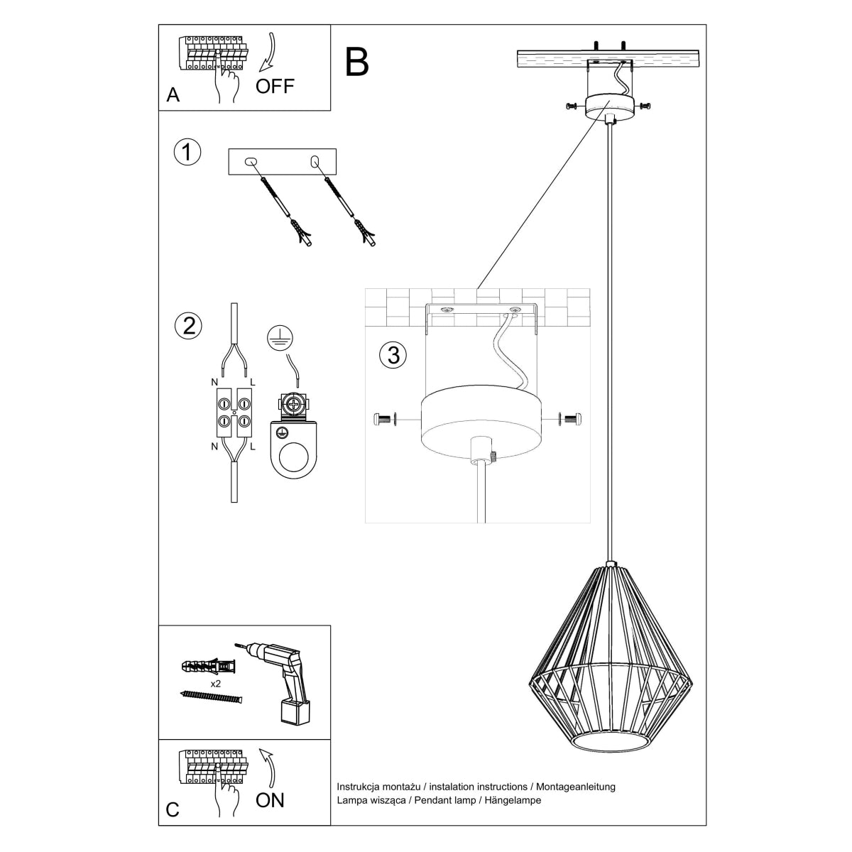 Pendant Lamp Demi White - Modern Designer Hanging Light - Adjustable Height - Geometric Frame Shade - Replaceable E27 Bulb - Stylish & Versatile