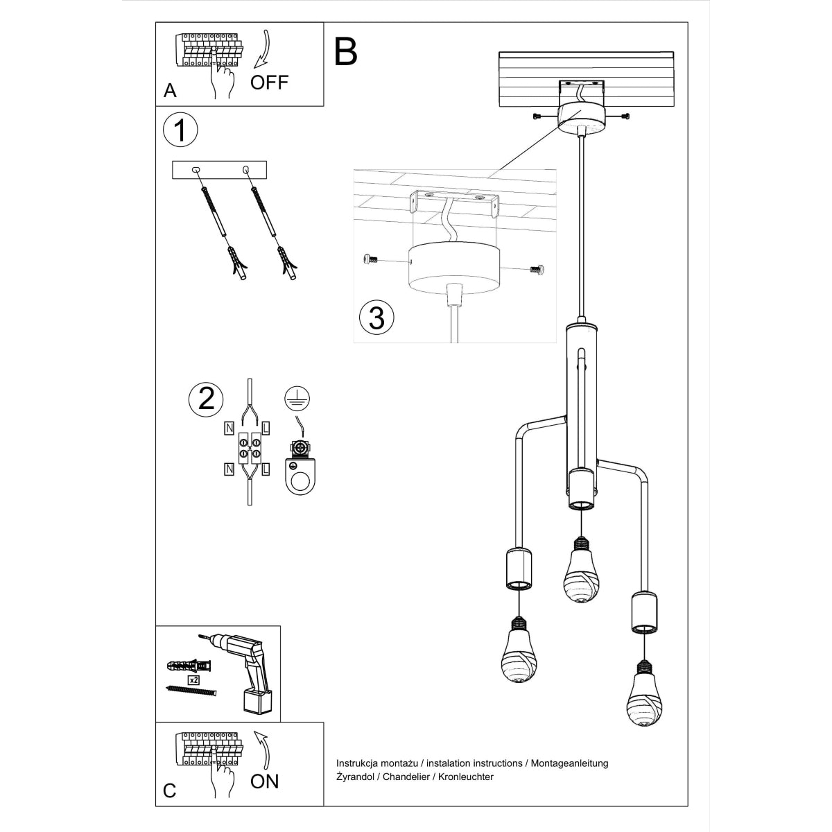 DUOMO 3 Industrial Ceiling Lamp - Modern Loft Design - Black Steel - Multiple Bulb Options