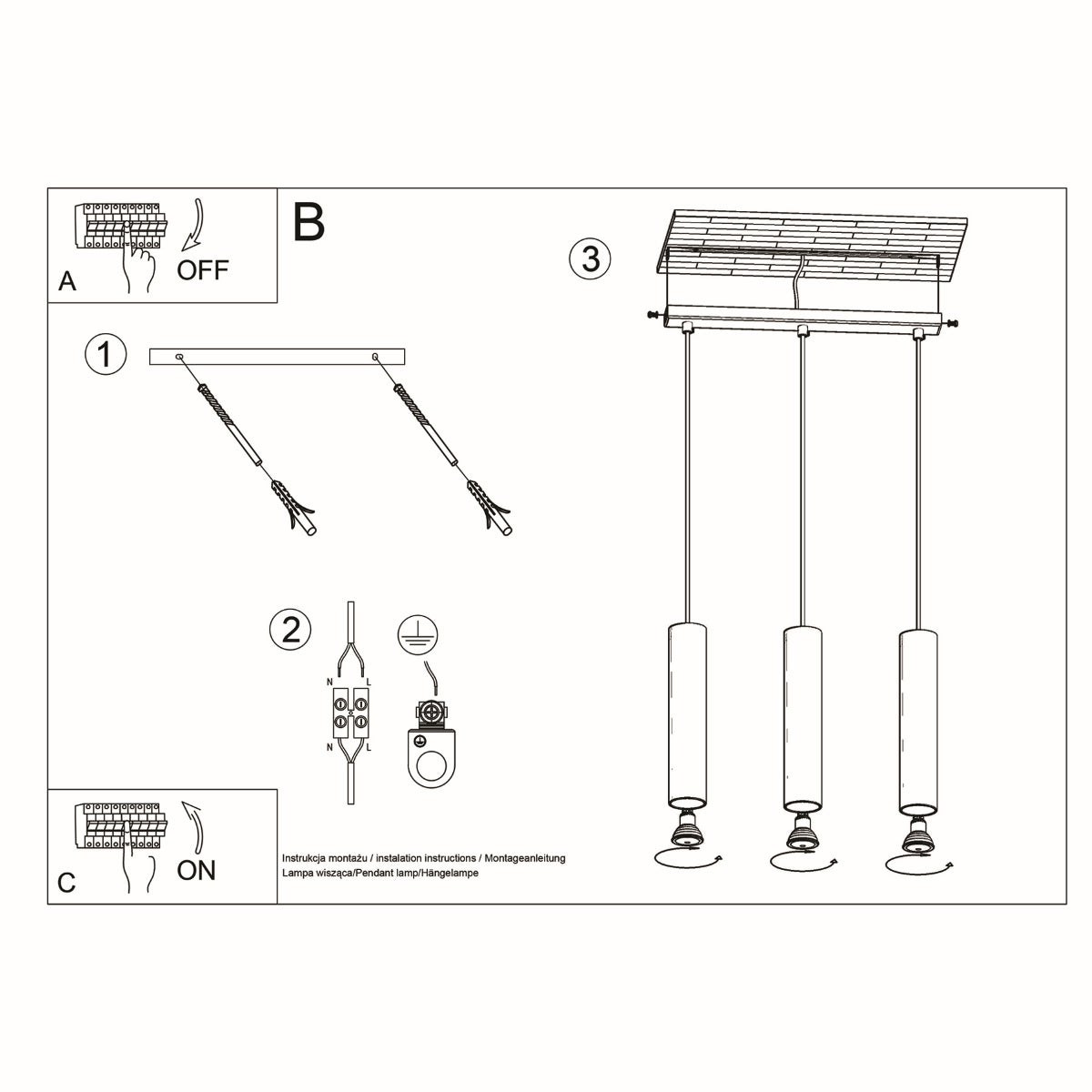 LAGOS - Pendant Lamp 3L Black - Modern Hanging Lamp - Adjustable Cord - Durable Steel Shade