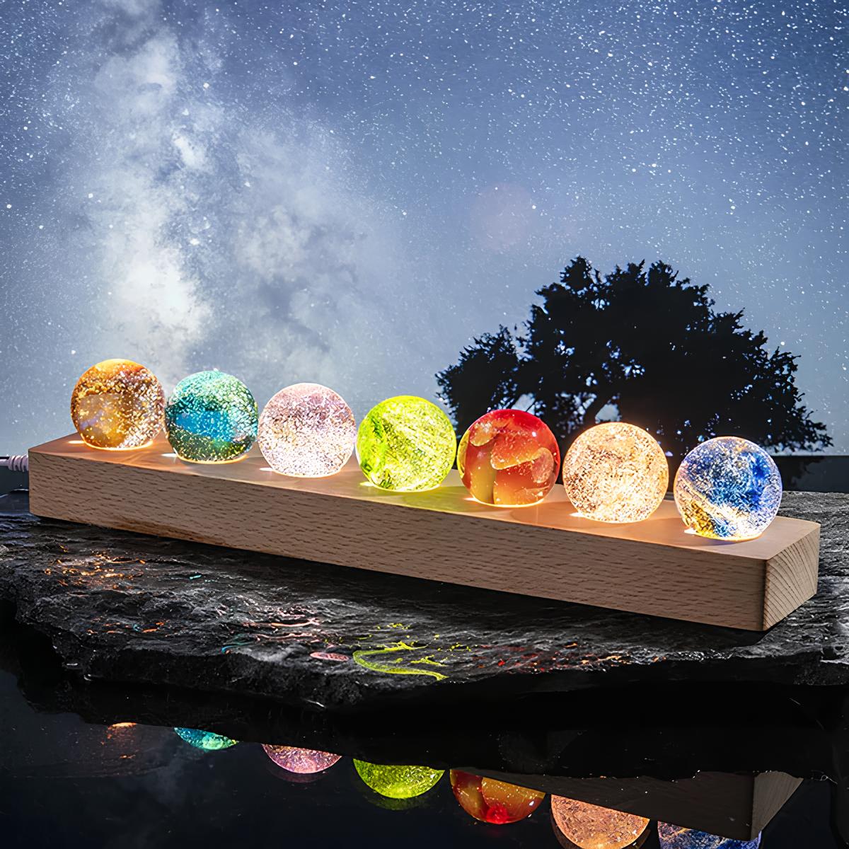 Luminous Crystal Galaxy Orbs – 7 Colorful Spheres – USB Powered – Wooden Base – Elegant Home Decor for Office and Room