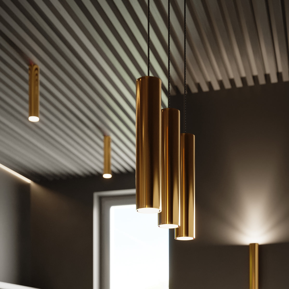 LAGOS 30 Polished Gold Ceiling Lamp - Modern Minimalist Design - Adjustable Height - Durable Steel - GU10 Bulb Compatible