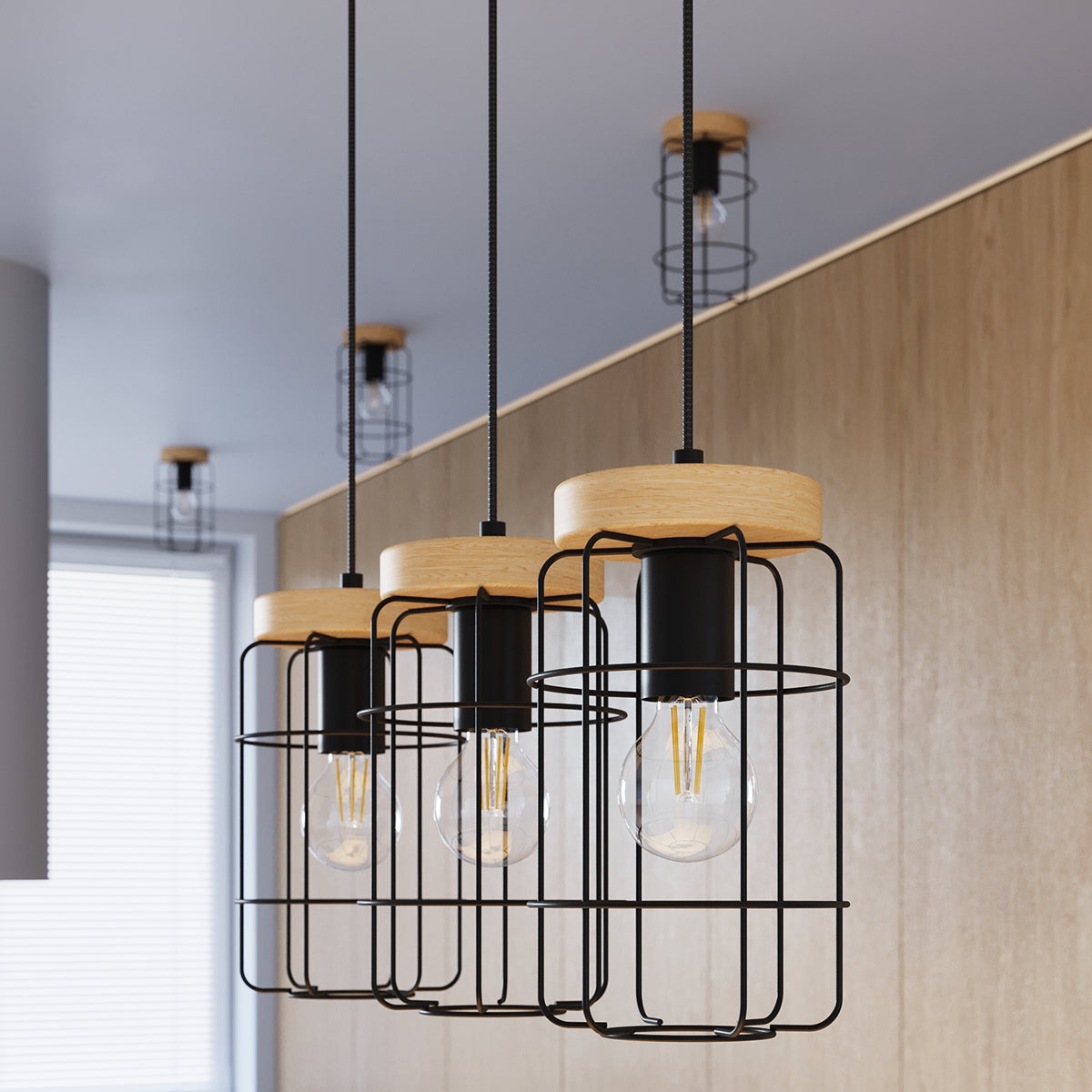 Gotto Ceiling Lamp - Modern Loft Design - Black Steel and Natural Wood - Warm Soothing Light - Durable Construction - Perfect for Classic and Modern Interiors