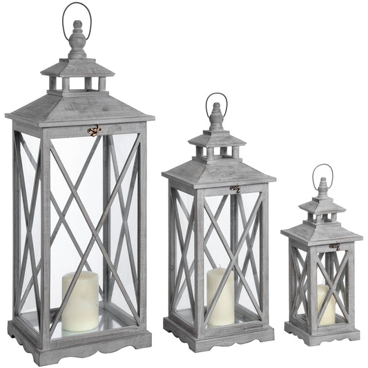 Set of 3 Wooden Lanterns - Grey Wood - Traditional Cross Section Design - Rustic Home Décor