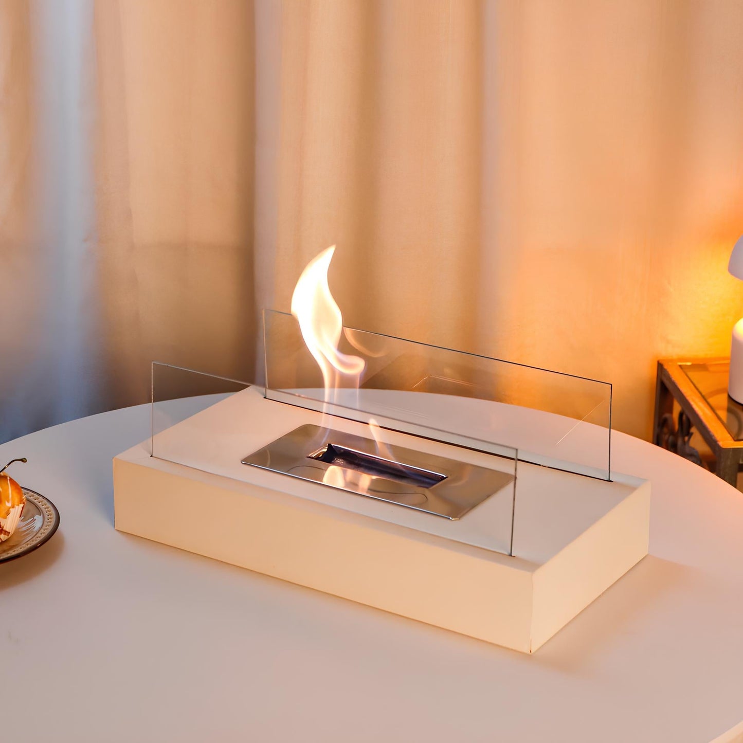 Tabletop Fireplace - Elegant Rectangular Design with Glass Walls - Metal Base & Reusable Wick - Ambient Lighting - Safe & Durable Construction - Fuel Not Included