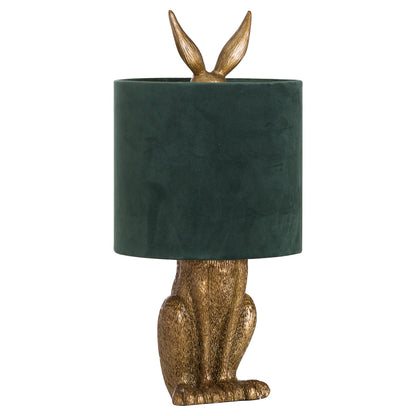 Antique Gold Hare Table Lamp With Green Velvet Shade Gold Resin 20696