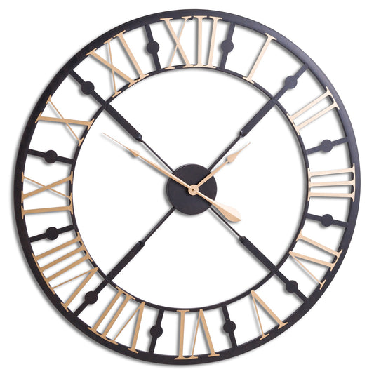 Black And Gold Skeleton Clock Black Metal 20795