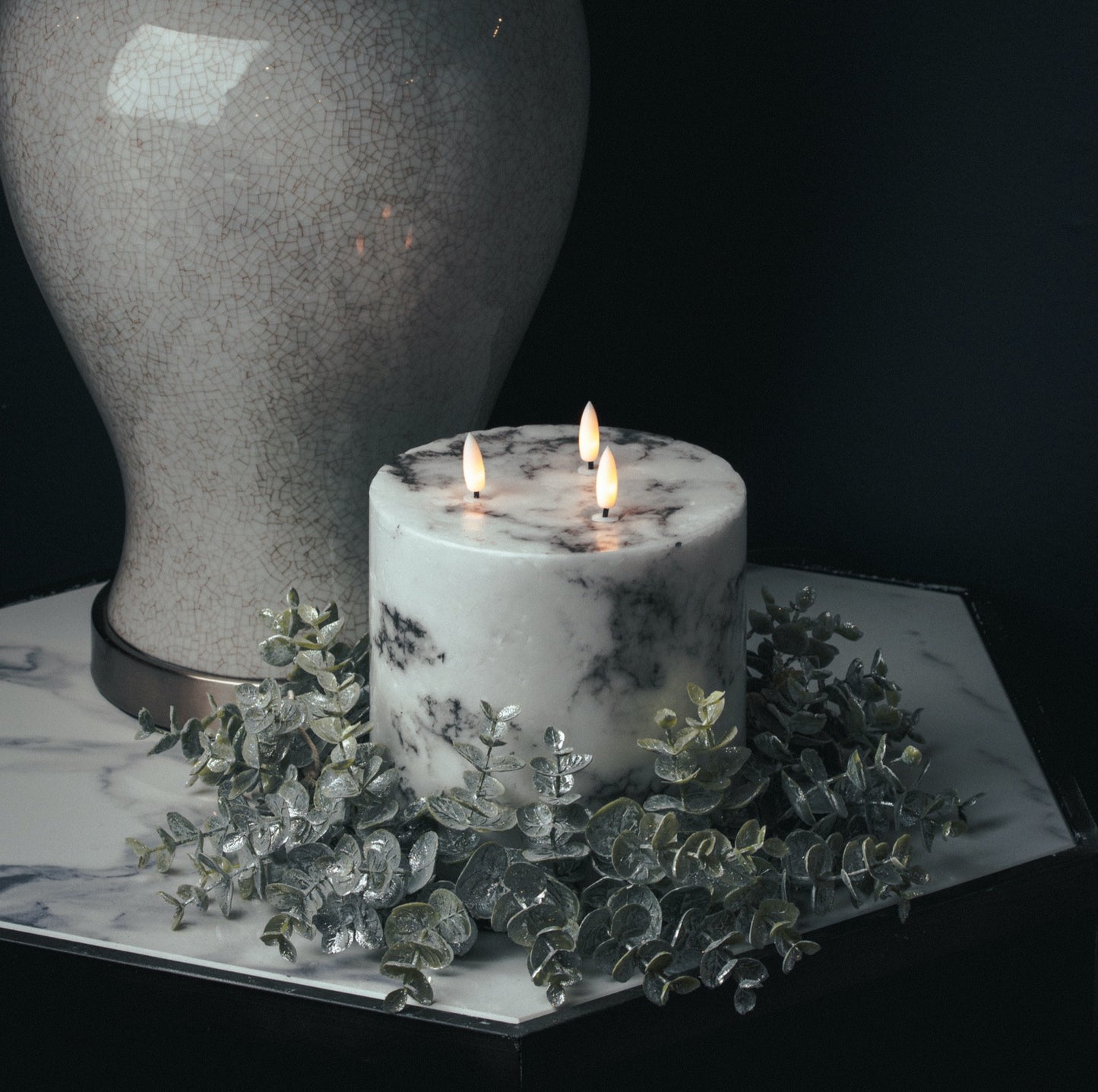 Luxe Collection Natural Glow 6x6 Marble Effect Led Candle White Plastic 20886