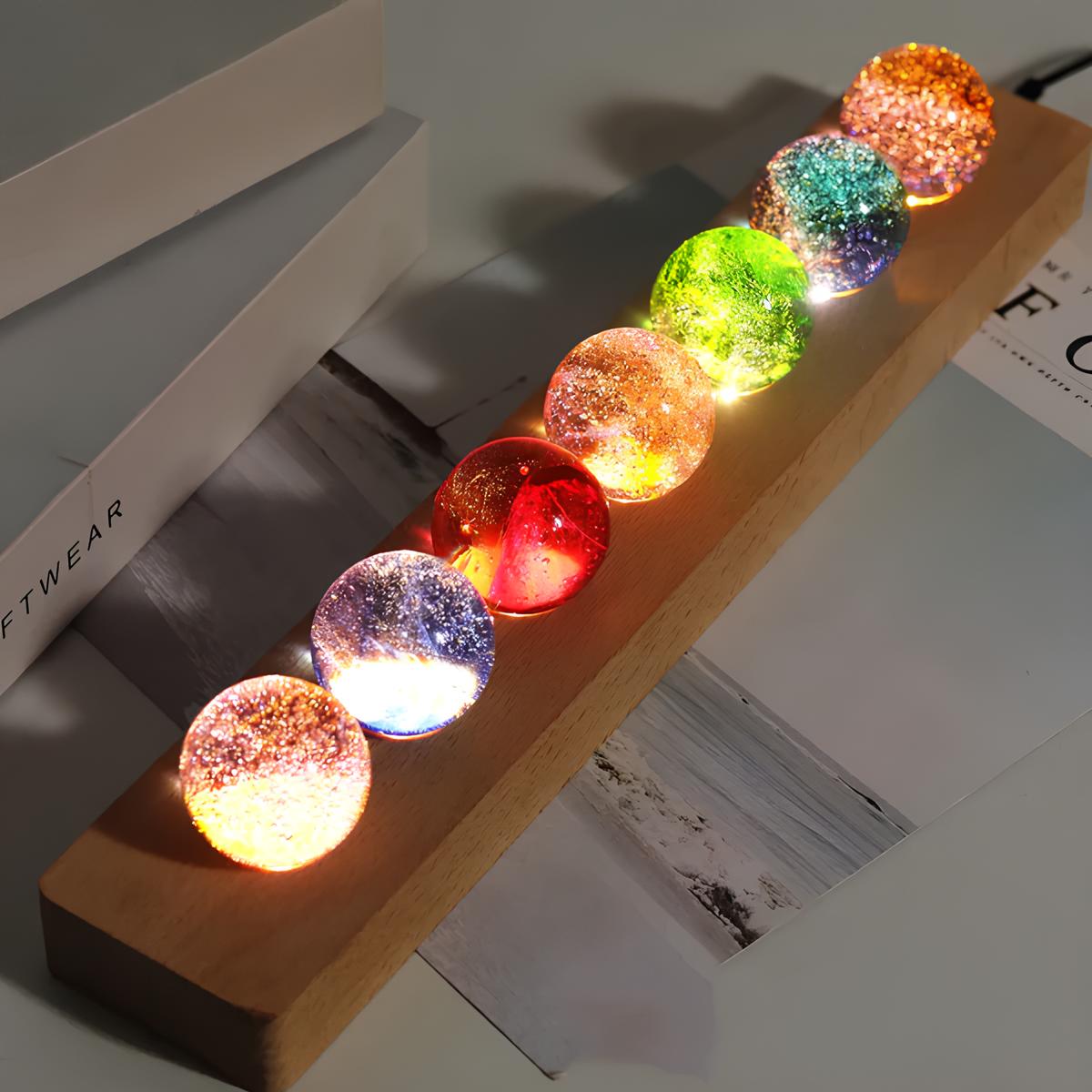 Luminous Crystal Galaxy Orbs – 7 Colorful Spheres – USB Powered – Wooden Base – Elegant Home Decor for Office and Room