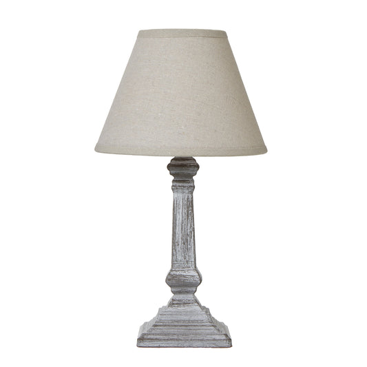 Capsa Column Table Lamp - Distressed Grey Wood with Linen Shade - Timeless Elegance