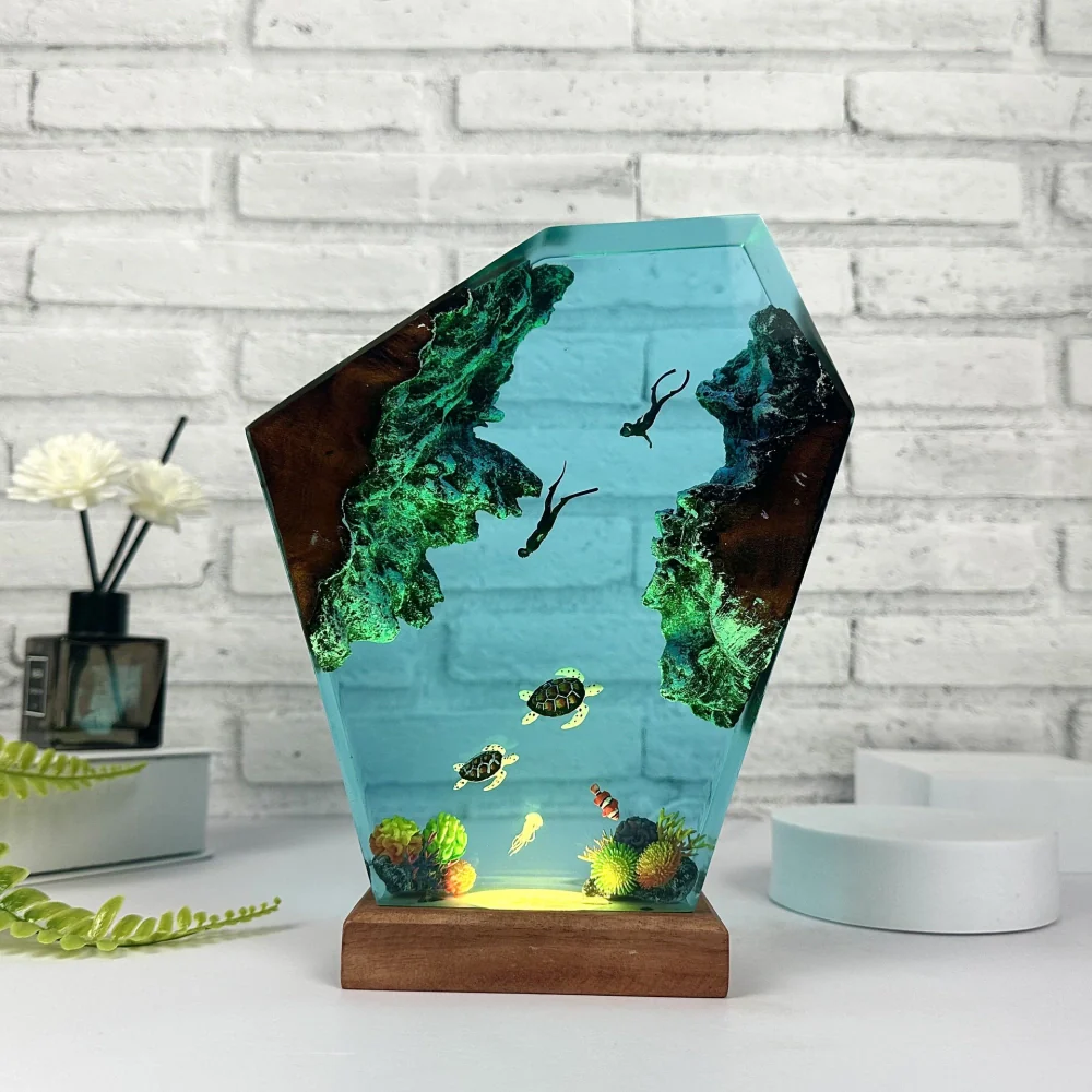 Ocean-Themed Night Light - Resin 3D Effect Lamp with USB Plug-In, Multicolor & Dimmable Lighting Options for Relaxation or Decor