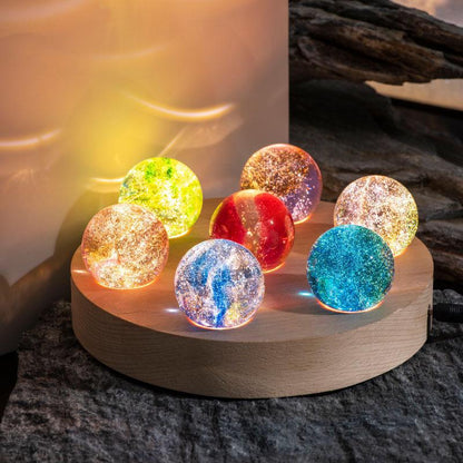 Luminous Crystal Galaxy Orbs – 7 Colorful Spheres – USB Powered – Wooden Base – Elegant Home Decor for Office and Room