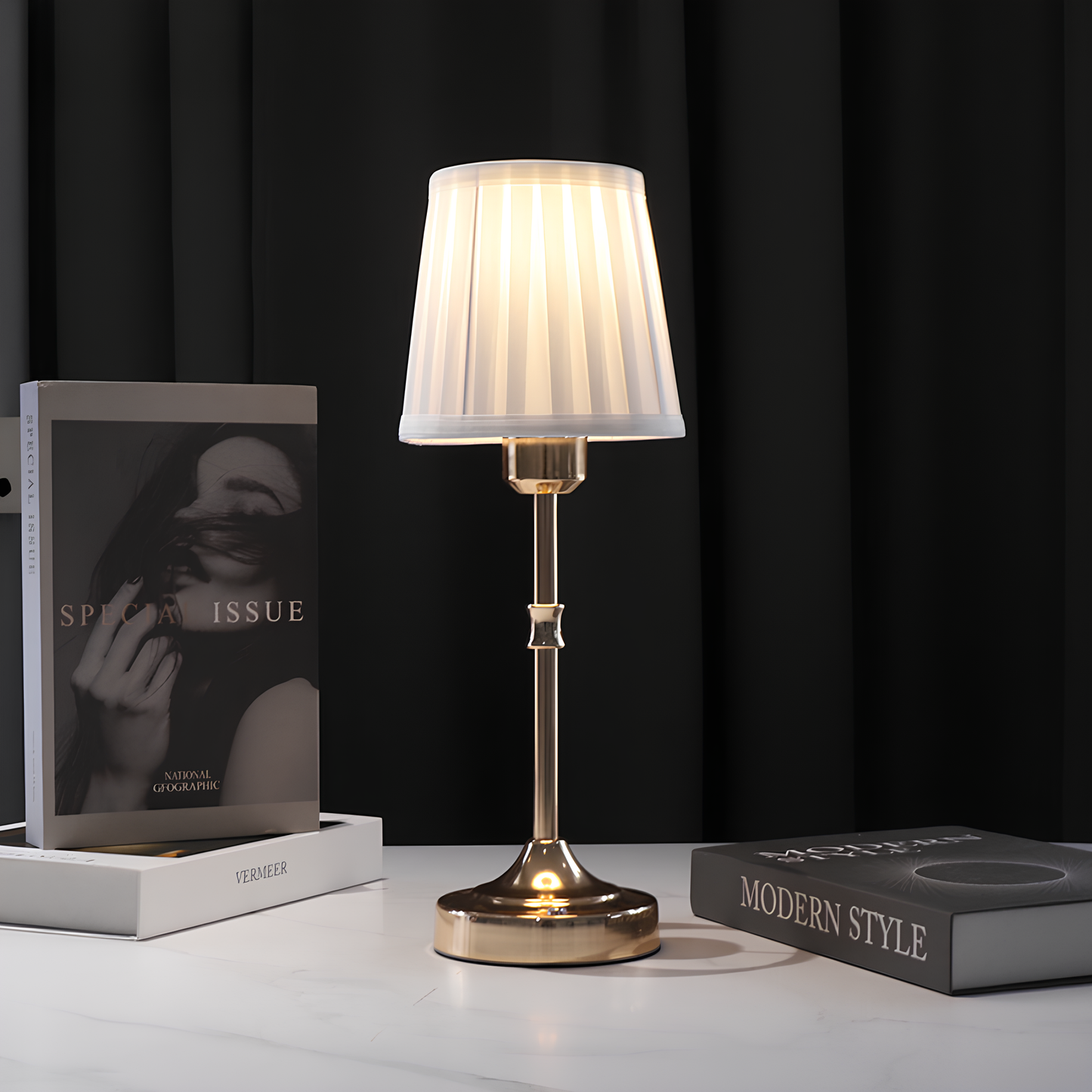 Classical Grace Table Lamp - Rechargeable & Wireless - Dimmable with 3 Lighting Colors - Sturdy Iron Frame & Pleated Fabric Shade - 8-12 Hours Battery Life