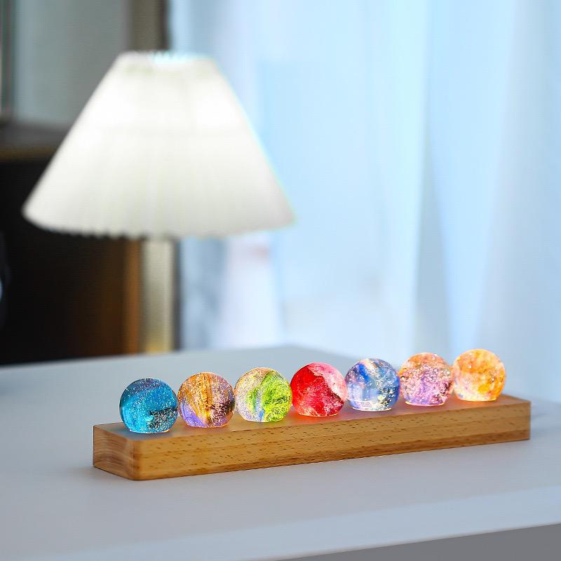 Luminous Crystal Galaxy Orbs – 7 Colorful Spheres – USB Powered – Wooden Base – Elegant Home Decor for Office and Room