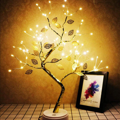 Golden Leaf Tree - Adjustable Branches with 72 LED Lights - Warm White Cozy Lighting - USB or Battery Powered - 50 cm Height - Perfect for Home Décor or Gifts