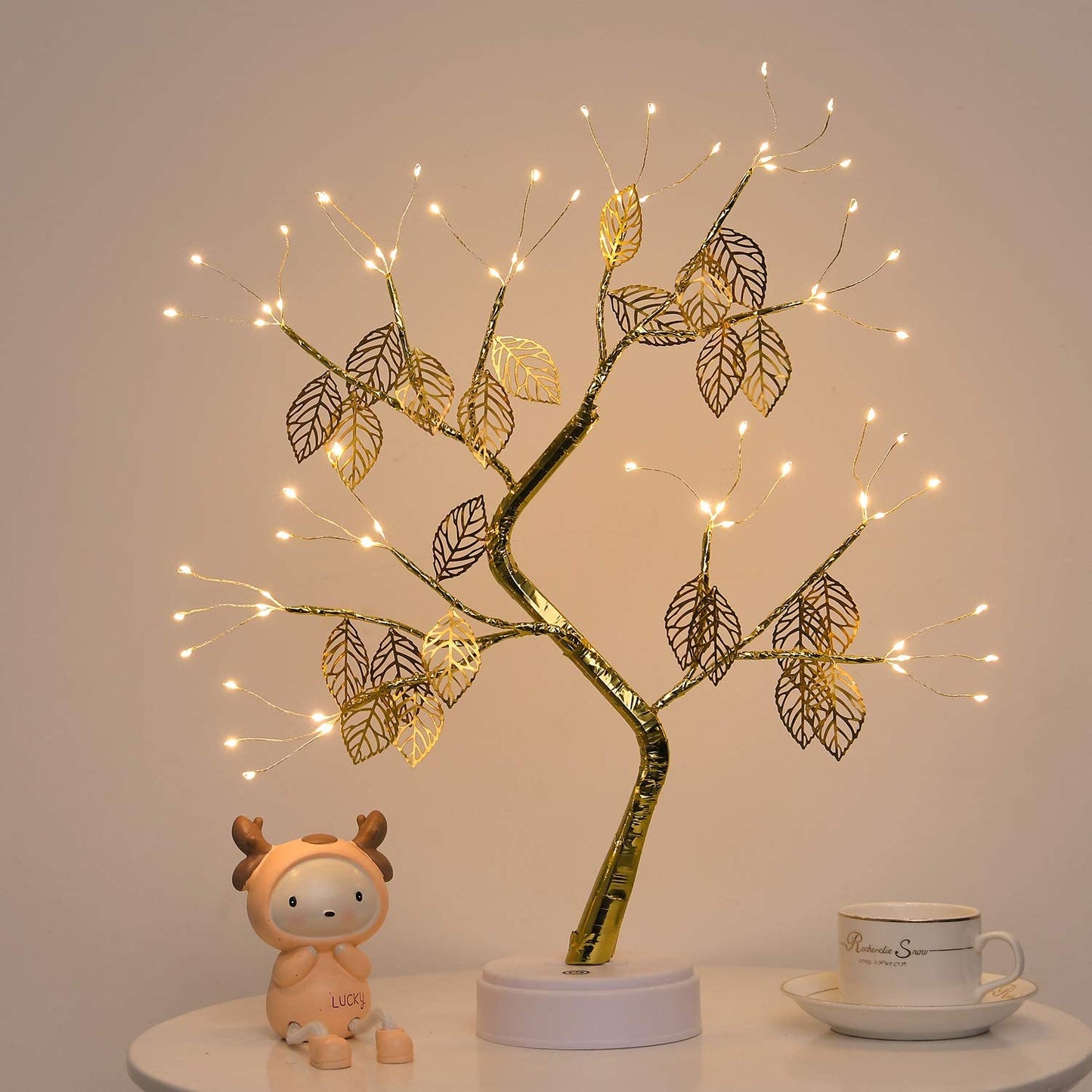 Golden Leaf Tree - Adjustable Branches with 72 LED Lights - Warm White Cozy Lighting - USB or Battery Powered - 50 cm Height - Perfect for Home Décor or Gifts