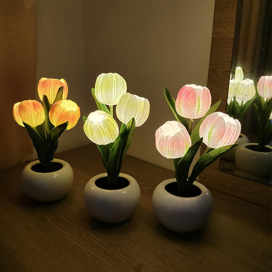 Tulip Night Light - LED Glow - Short (3 Tulips) or Tall (6 Tulips) - Heat-Resistant Foam & Textile - USB-C/Battery-Powered - Elegant Home Décor