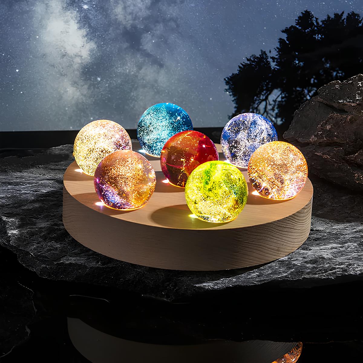 Luminous Crystal Galaxy Orbs – 7 Colorful Spheres – USB Powered – Wooden Base – Elegant Home Decor for Office and Room