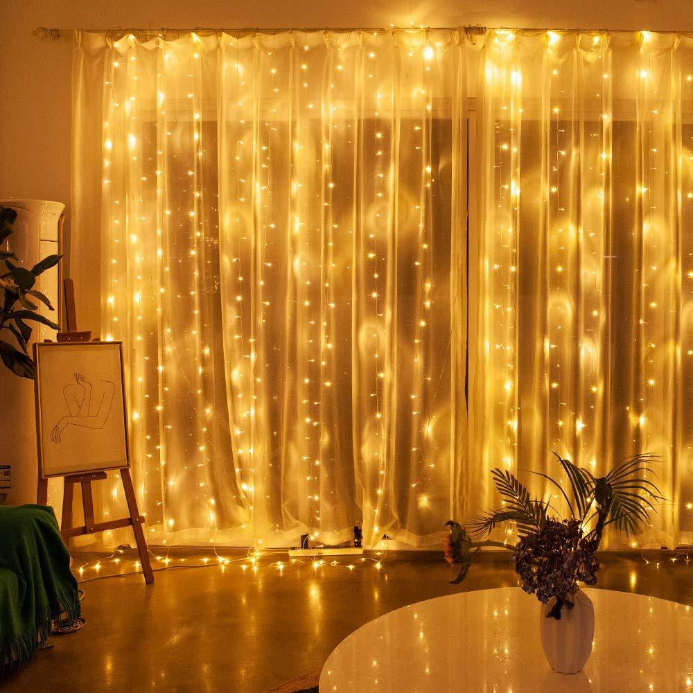 Fairy Curtain - 3m Width with 1-3m Height - 8 Lighting Modes & Adjustable Brightness - Waterproof & USB Powered - Remote Control Included - Warm White LED Lights