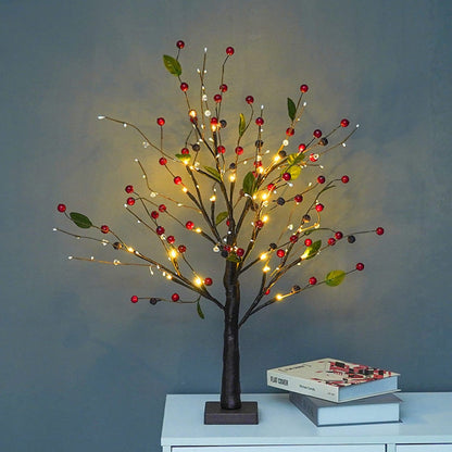 Spring Tree - 55cm LED Light Tree - Bendable Branches - Red Berries or Golden Pearls - Battery-Powered Decoration