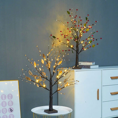 Spring Tree - 55cm LED Light Tree - Bendable Branches - Red Berries or Golden Pearls - Battery-Powered Decoration