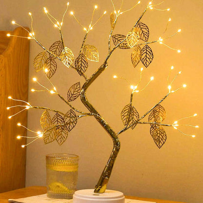 Golden Leaf Tree - Adjustable Branches with 72 LED Lights - Warm White Cozy Lighting - USB or Battery Powered - 50 cm Height - Perfect for Home Décor or Gifts