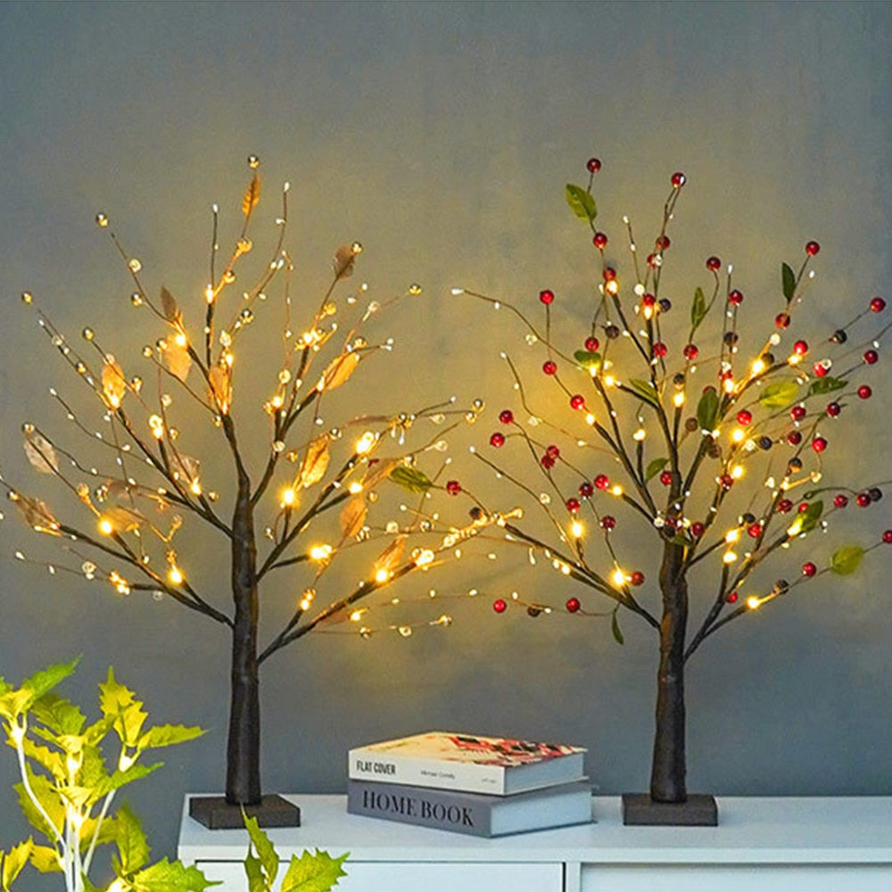 Spring Tree - 55cm LED Light Tree - Bendable Branches - Red Berries or Golden Pearls - Battery-Powered Decoration